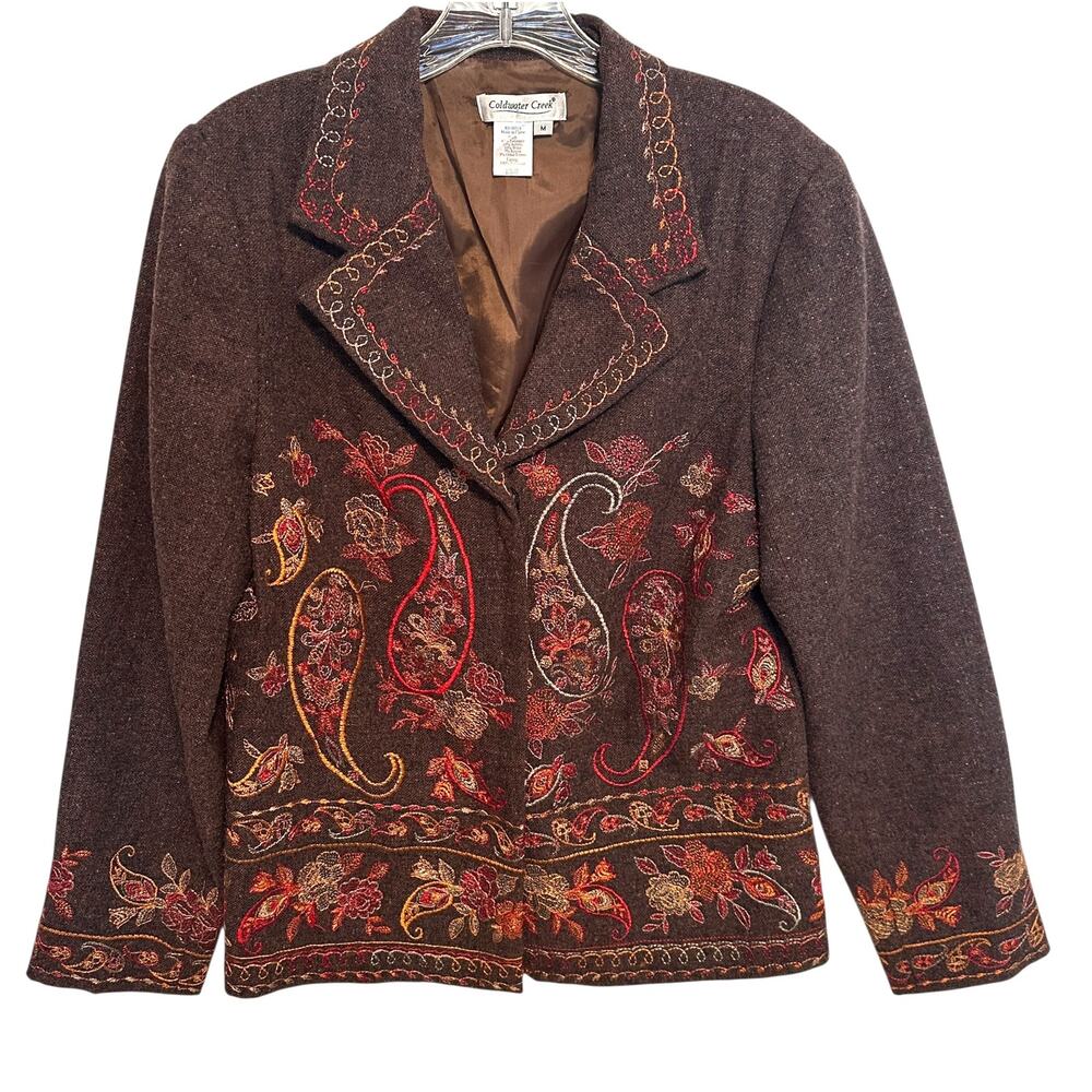 Coldwater Creek Embroidered Tweed Blazer Womens Medium Brown Paisley Wool Blend - Picture 4 of 9